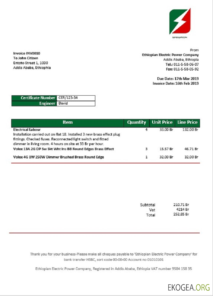 Ethiopia Ethiopian Electric Power Company electricity utility bill